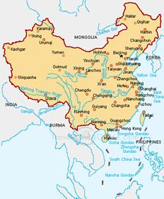 A clear China map with all main large cities, rivers and neighbour countries